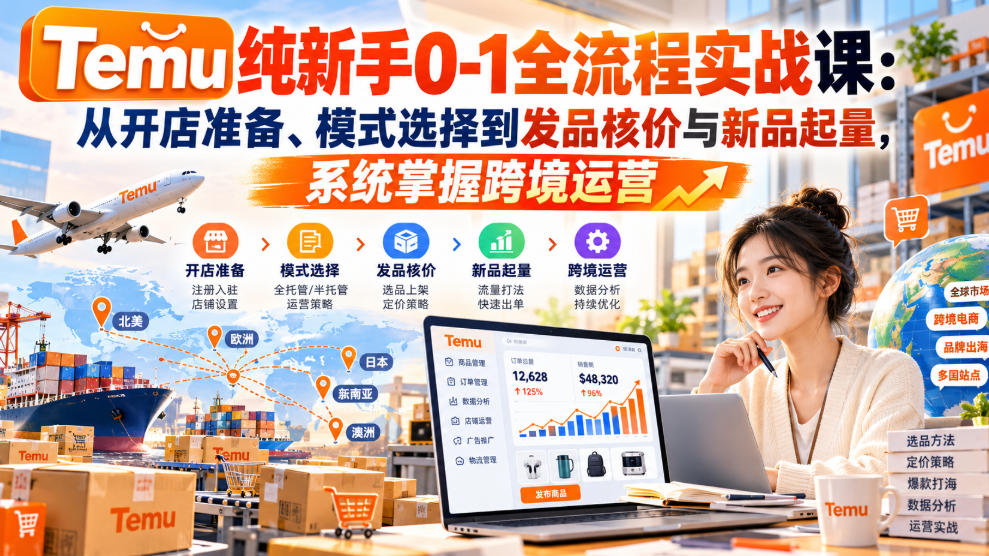 【无水印】Temu纯新手0-1全流程实战课：从开店准备、模式选择到发品核价与新品起量，系统掌握跨境运营-锦程资源站