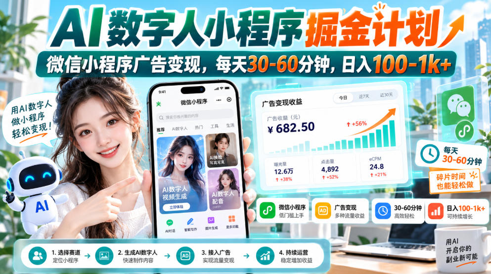 【无水印】AI数字人小程序掘金计划，微信小程序广告变现，每天30‑60分钟，日入100‑1k+-锦程资源站