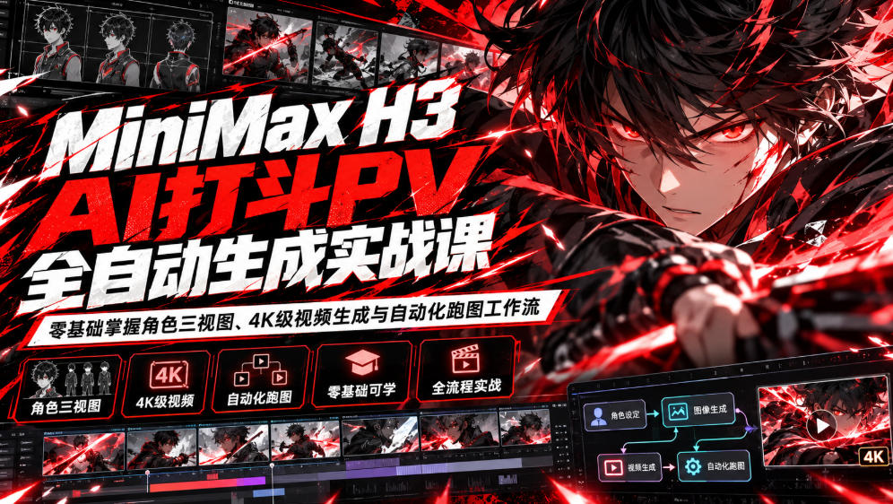 MiniMax H3 AI打斗PV全自动生成实战课：零基础掌握角色三视图、4K级视频生成与自动化跑图工作流-锦程资源站