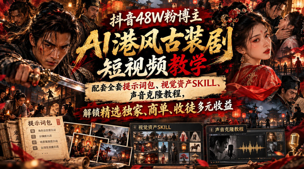 抖音48W粉博主AI港风古装剧短视频教学，配套全套提示词包、视觉资产SKILL、声音克隆教程，解锁精选独家、商单、收徒多元收益-锦程资源站