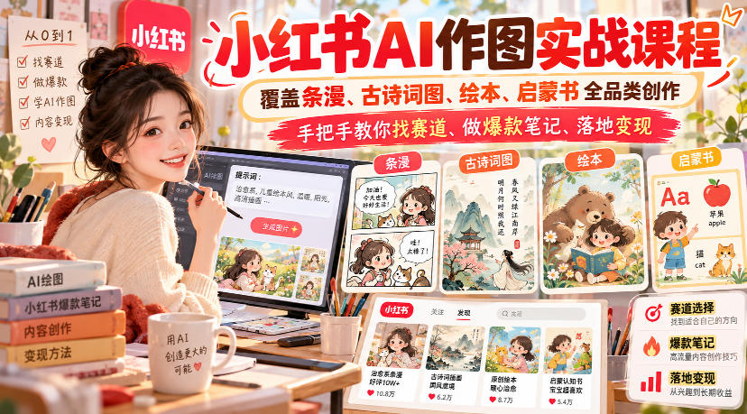 小红书AI作图实战课程，覆盖条漫、古诗词图、绘本、启蒙书全品类创作，手把手教你找赛道、做爆款笔记、落地变现-锦程资源站
