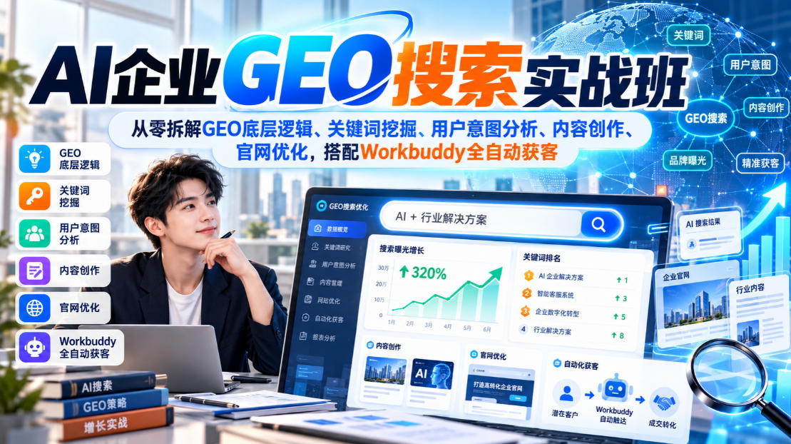 AI企业GEO搜索实战班，从零拆解GEO底层逻辑、关键词挖掘、用户意图分析、内容创作、官网优化，搭配Workbuddy全自动获客-锦程资源站
