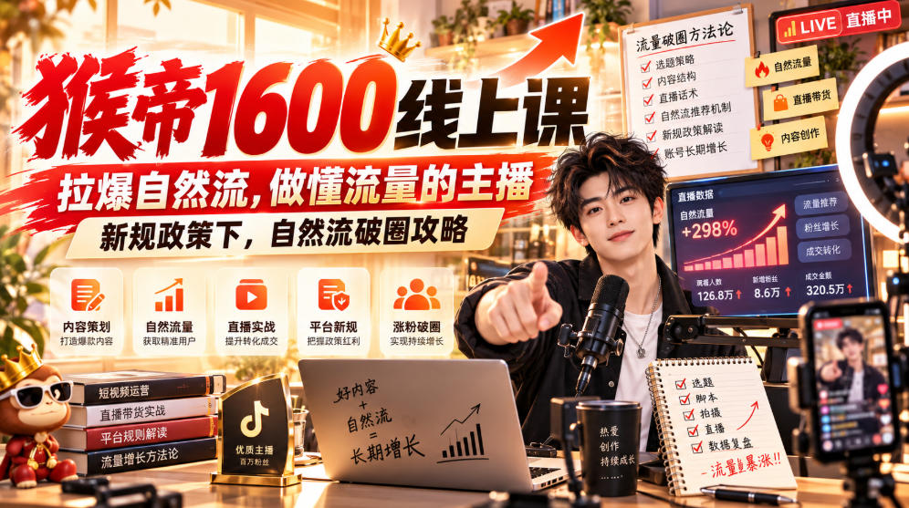 猴帝1600线上课，拉爆自然流，做懂流量的主播，新规政策下，自然流破圈攻略【更新261002】-锦程资源站