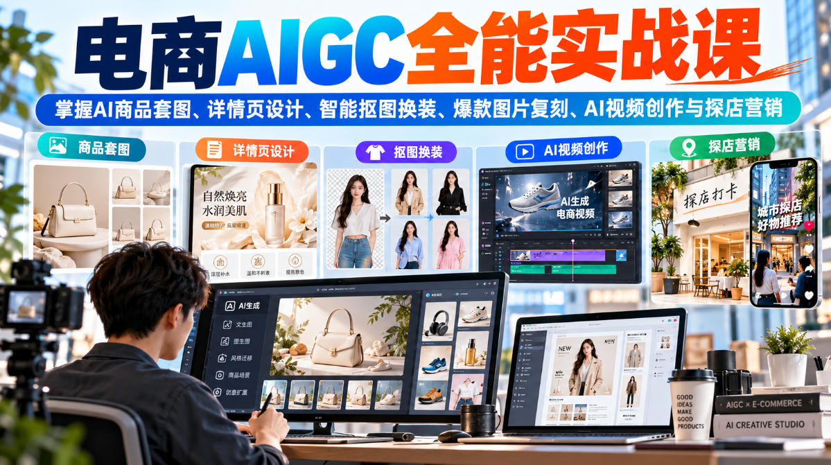 电商AIGC全能实战课：掌握AI商品套图、详情页设计、智能抠图换装、爆款图片复刻、AI视频创作与探店营销-锦程资源站
