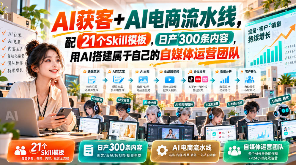 AI获客+AI电商流水线，配21个Skill模板，日产300条内容，用AI搭建属于自己的自媒体运营团队-锦程资源站