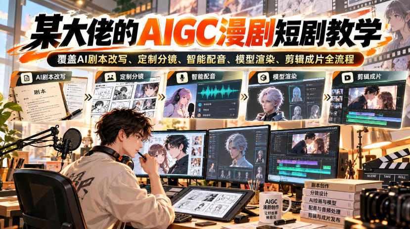 某大佬的AIGC漫剧短剧教学，覆盖AI剧本改写、定制分镜、智能配音、模型渲染、剪辑成片全流程-锦程资源站