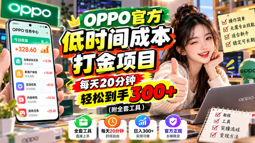 OPPO官方低时间成本打金项目，每天20分钟，轻松到手300+（附全套工具）【揭秘】-锦程资源站