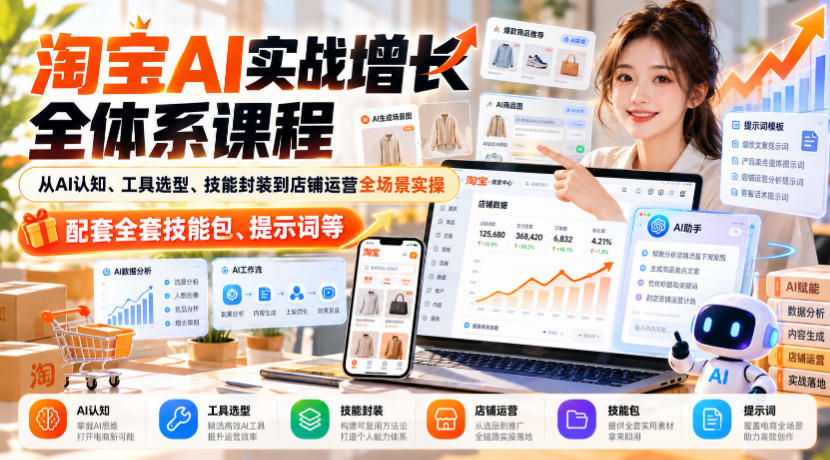 【无水印】淘宝AI实战增长全体系课程，从AI认知、工具选型、技能封装到店铺运营全场景实操，配套全套技能包、提示词等-锦程资源站