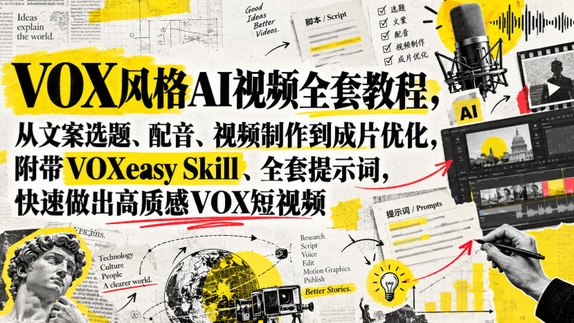 VOX风格AI视频全套教程，从文案选题、配音、视频制作到成片优化，附带VOXeasy Skill、全套提示词，快速做出高质感VOX短视频-锦程资源站