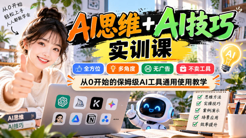【无水印】AI思维+AI技巧实训课，全方位、多角度、无广告、不卖工具，从0开始的保姆级AI工具通用使用教学-锦程资源站
