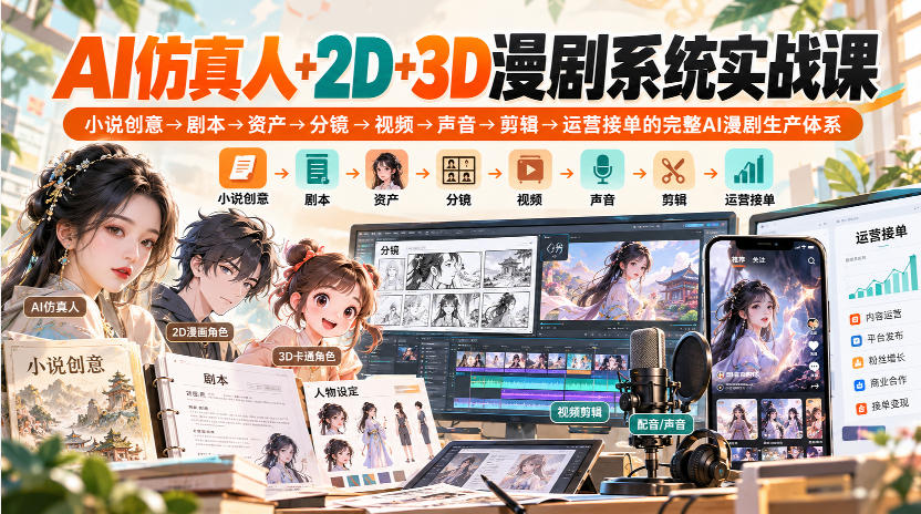 【无水印】AI仿真人+2D+3D漫剧系统实战课，小说创意→剧本→资产→分镜→视频→声音→剪辑→运营接单的完整AI漫剧生产体系-锦程资源站