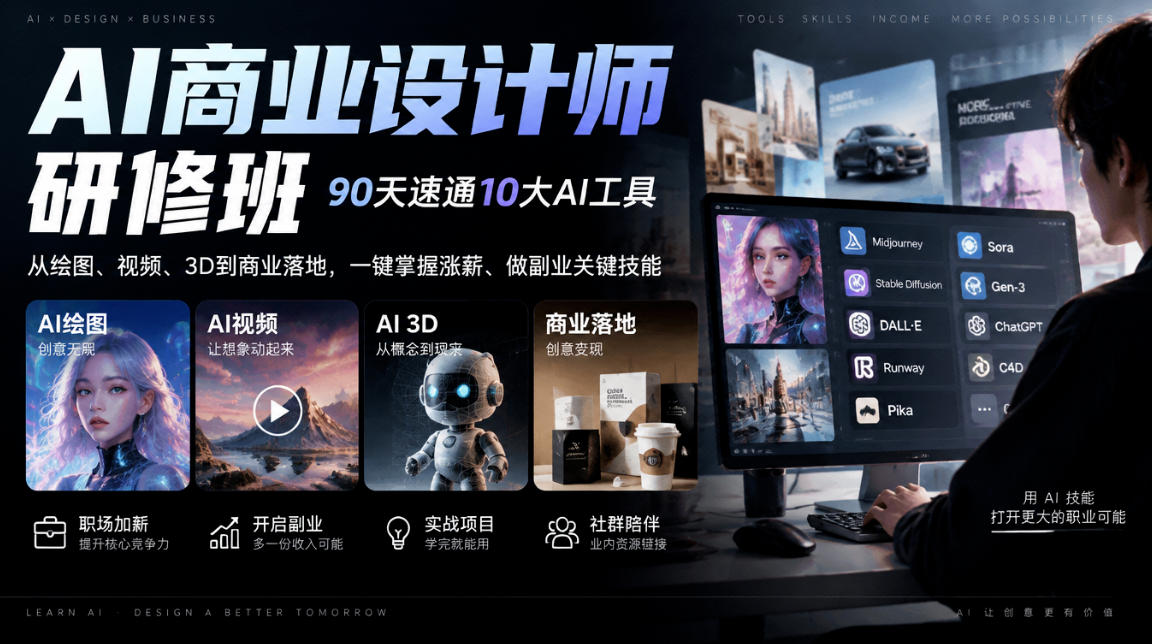 AI商业设计师研修班,90天速通10大AI工具,从绘图、视频、3D到商业落地,一键掌握涨薪、做副业关键技能-锦程资源站