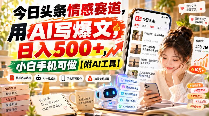 今日头条情感赛道，用AI写爆文，日入500+，小白手机可做【附AI工具】-锦程资源站