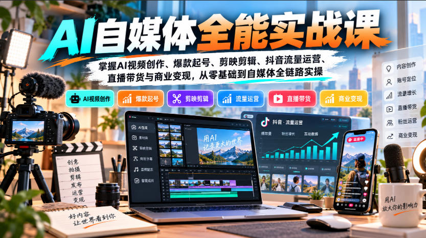 【无水印】AI自媒体全能实战课，掌握AI视频创作、爆款起号、剪映剪辑、抖音流量运营、直播带货与商业变现，从零基础到自媒体全链路实操-锦程资源站