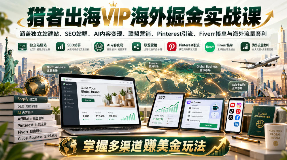 猎者出海VIP海外掘金实战课：涵盖独立站、SEO站群、AI变现、联盟营销、Pinterest引流、Fiverr接单与海外流量套利，掌握多渠道賺美金玩法-锦程资源站