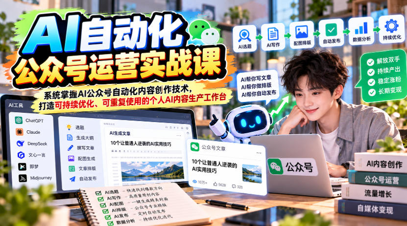 AI自动化公众号运营实战课，系统掌握AI公众号自动化内容创作技术，打造可持续优化、可重复使用的个人AI内容生产工作台-锦程资源站