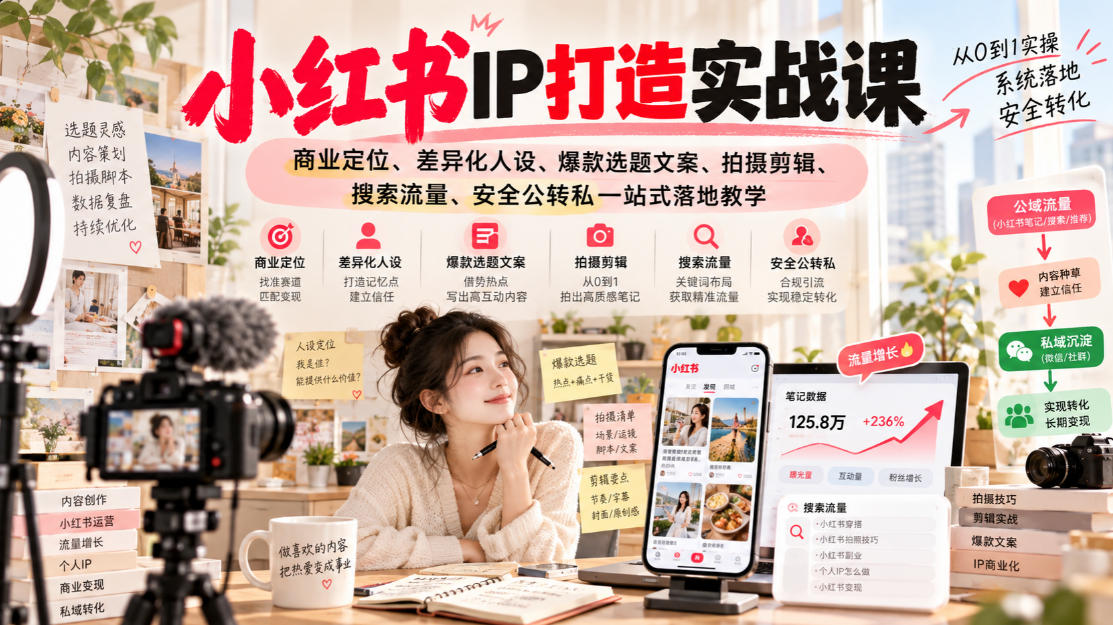 小红书ip打造实战课，商业定位、差异化人设、爆款选题文案、拍摄剪辑、搜索流量、安全公转私一站式落地教学-锦程资源站
