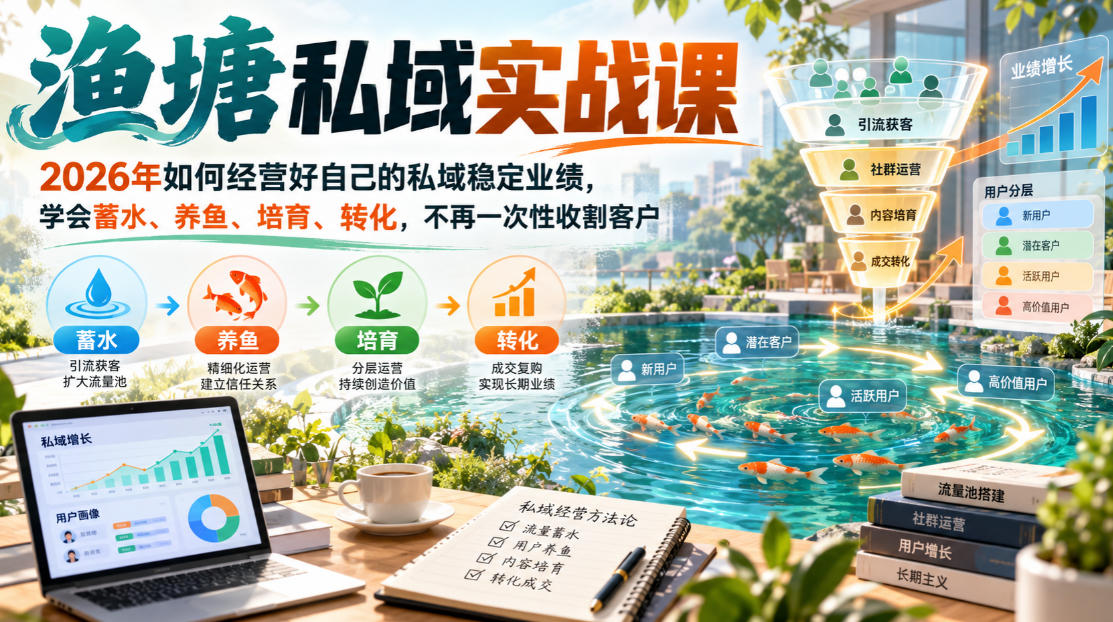 渔塘私域实战课，2026年如何经营好自己的私域稳定业绩，学会蓄水、养鱼、培育、转化，不再一次性收割客户-锦程资源站
