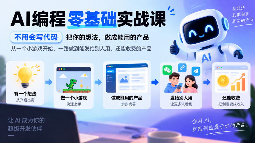 AI编程零基础实战课，不用会写代码，把你的想法，做成能用的产品，从一个小游戏开始，一路做到能发给别人用、还能收费的产品-锦程资源站