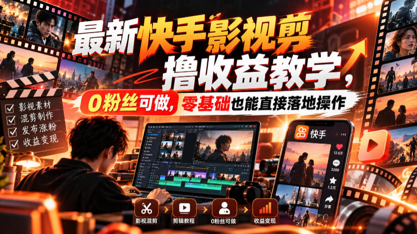 最新快手影视混剪撸收益教学，0粉丝可做，零基础也能直接落地操作-锦程资源站