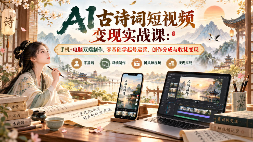 AI古诗词短视频变现实战课：手机+电脑双端制作，零基础学起号运营、创作分成与收徒变现-锦程资源站