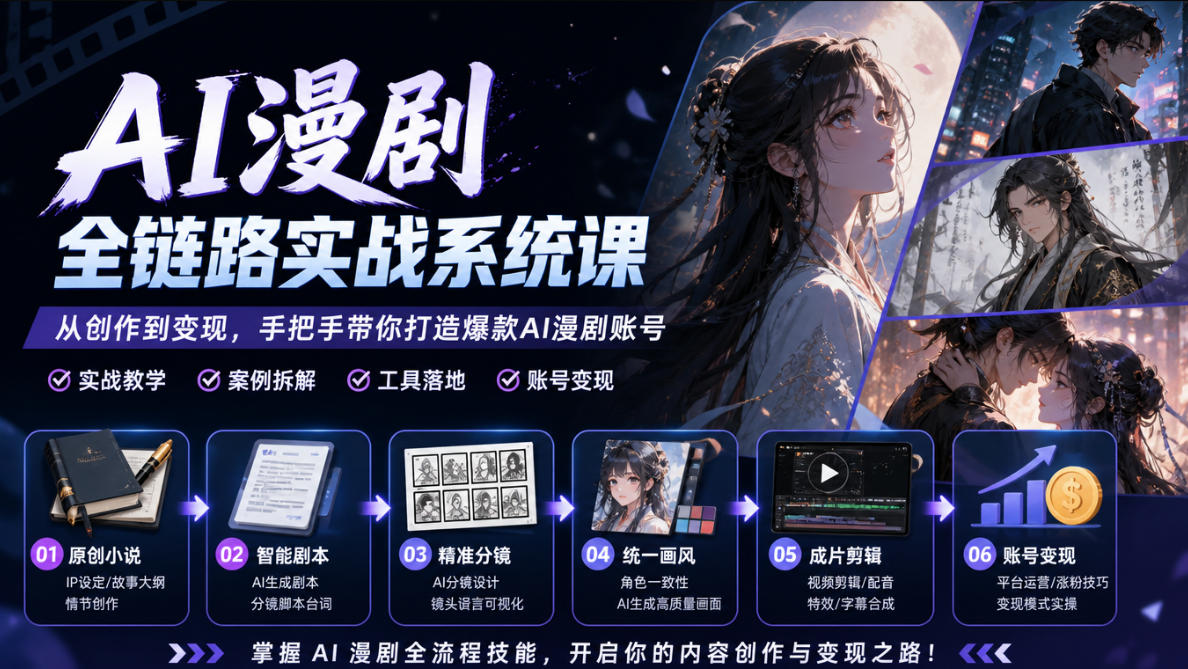 AI漫剧全链路实战系统课|原创小说、智能剧本、精准分镜、统一画风、成片剪辑、账号变现实操教学-锦程资源站