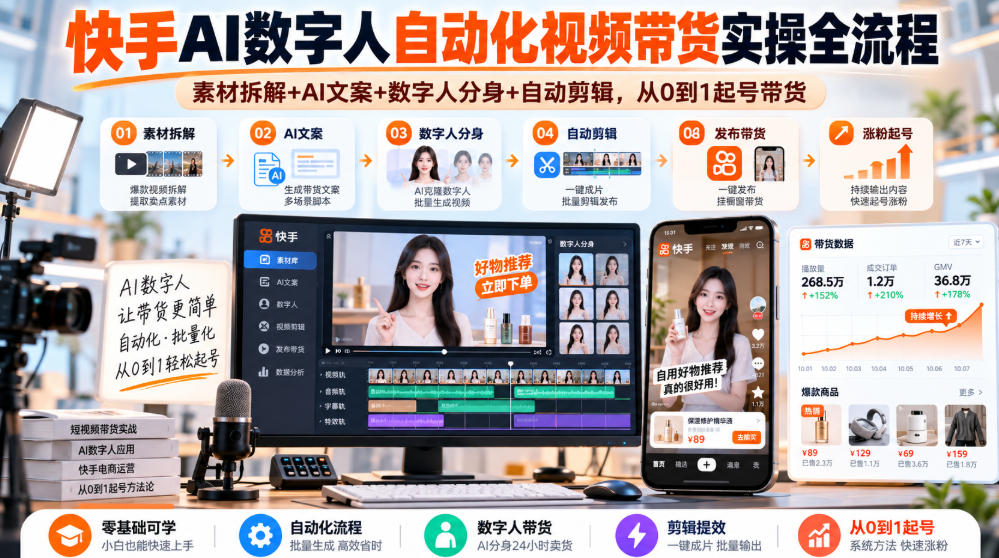 快手AI数字人自动化视频带货实操全流程｜素材拆解+AI文案+数字人分身+自动剪辑，从0到1起号带货（更新26年）-锦程资源站