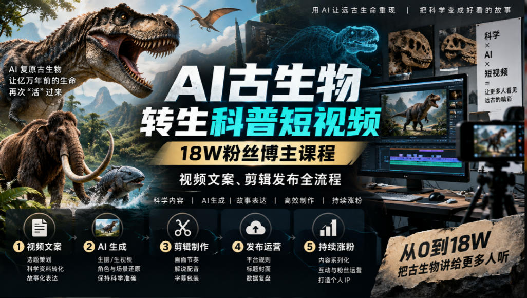AI古生物转生科普短视频，18W粉丝博主课程，视频文案、剪辑发布全流程-锦程资源站